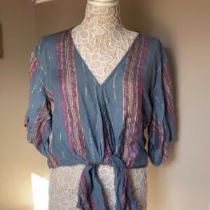 Lovestitch Lurex Stripe Kimono Sleeve Tie Front Top, large
